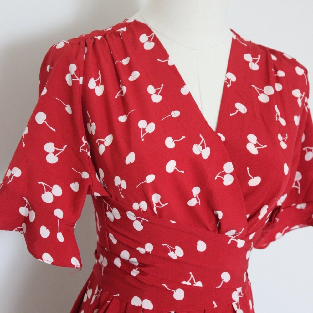 Dark Red Cherry Tie on waist Midi Dress - Picture 6 of 7